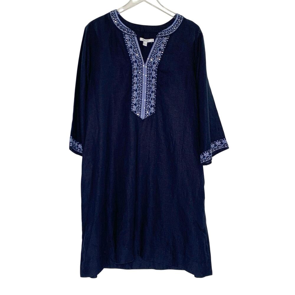 Chicos Navy 100% Linen Shift Dress 16 Embroidered Beaded Collar Cuff Detail